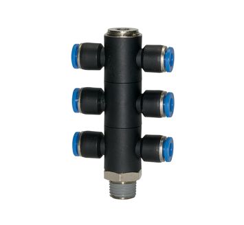 T-multi-distributor »Blue Series«, 6-fold, rotating, R 1/8 o.